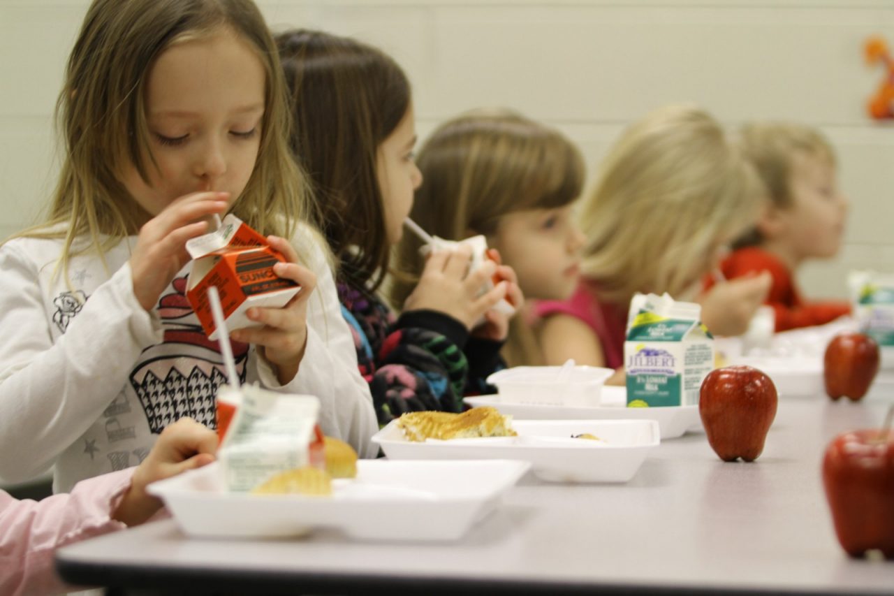 小女孩们在学校自助餐厅享用健康午餐。