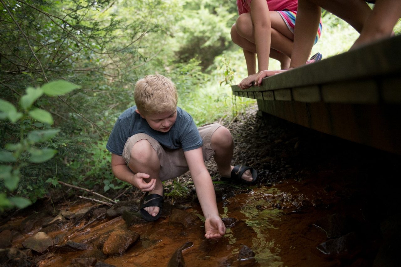 12岁的Drew Hordubay正在检查Crellin小学后面小溪里的水。