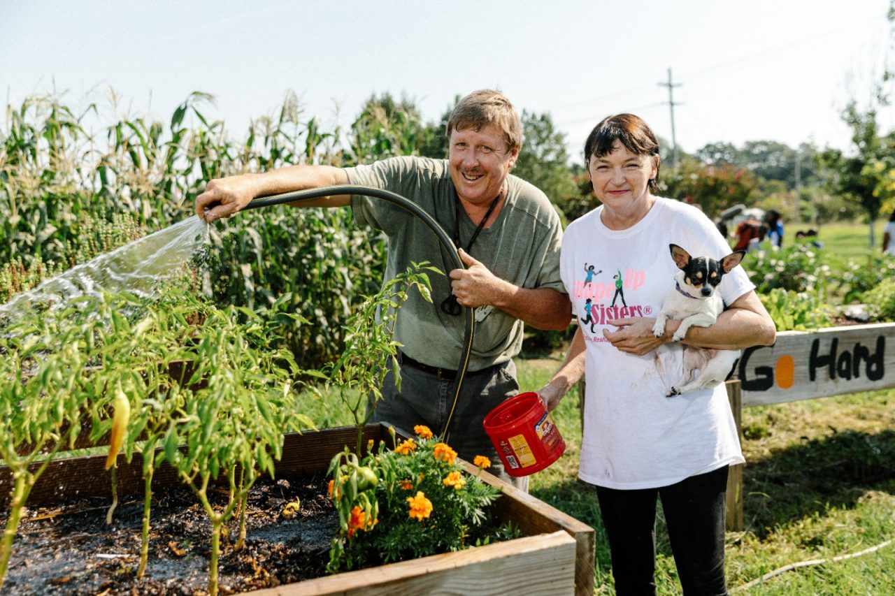 弗吉尼亚州维克斯堡- 2017年8月4日-巴里和莎伦·巴切勒在维克斯堡社区花园给他们的植物浇水。